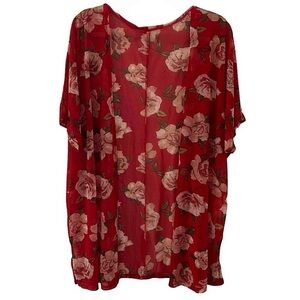 Red Floral Sheer Short Sleeve Cover Up